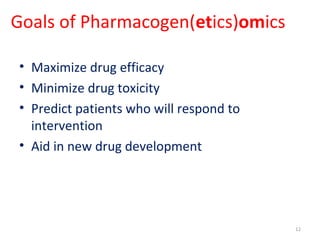 Goals of Pharmacogen(etics)omics
• Maximize drug efficacy
• Minimize drug toxicity
• Predict patients who will respond to
intervention
• Aid in new drug development
12
 