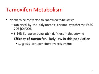 Tamoxifen Metabolism
• Needs to be converted to endoxifen to be active
– catalysed by the polymorphic enzyme cytochrome P450
2D6 (CYP2D6)
– 6-10% European population deficient in this enzyme
– Efficacy of tamoxifen likely low in this population
• Suggests consider alterative treatments
24
 