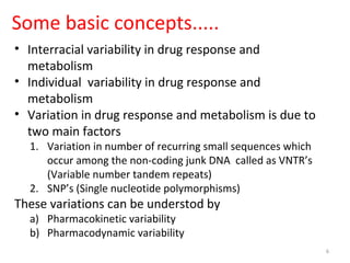 Some basic concepts.....
• Interracial variability in drug response and
metabolism
• Individual variability in drug response and
metabolism
• Variation in drug response and metabolism is due to
two main factors
1. Variation in number of recurring small sequences which
occur among the non-coding junk DNA called as VNTR’s
(Variable number tandem repeats)
2. SNP’s (Single nucleotide polymorphisms)
These variations can be understod by
a) Pharmacokinetic variability
b) Pharmacodynamic variability
6
 