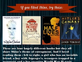 If you liked Shine, try these:
These are four hugely diﬀerent books but they all share Shine’s theme
of entrapment. And I loved reading them : left to right, a girl who has
an invisible friend, a boy with Asperger's, teenagers trapped in a
mountain and a boy escaping World War II Nazis.
 