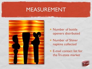 MEASUREMENT


       Number of bottle
       openers distributed

       Number of Shiner
       napkins collected

       E-mail contact list for
       the Tri-state market
 