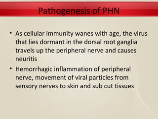 Pathogenesis of PHN

• As cellular immunity wanes with age, the virus
  that lies dormant in the dorsal root ganglia
  travels up the peripheral nerve and causes
  neuritis
• Hemorrhagic inflammation of peripheral
  nerve, movement of viral particles from
  sensory nerves to skin and sub cut tissues
 