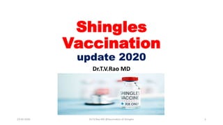 Shingles
Vaccination
update 2020
Dr.T.V.Rao MD
23-02-2020 1Dr.T.V.Rao MD @Vaccination of Shingles
 