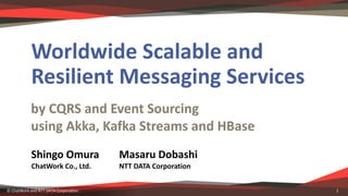 by	CQRS	and	Event	Sourcing
using	Akka,	Kafka	Streams	and	HBase
Worldwide	Scalable	and	
Resilient	Messaging	Services	
Shingo	Omura
ChatWork	Co.,	Ltd.
Masaru	Dobashi
NTT	DATA	Corporation
©	ChatWork	and	NTT	DATA	Corporation. 1
 