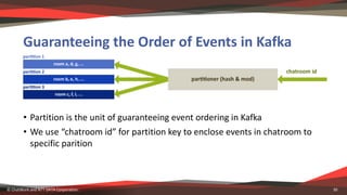 Guaranteeing	the	Order	of	Events	in	Kafka
• Partition	is	the	unit	of	guaranteeing	event	ordering	in	Kafka
• We	use	“chatro...