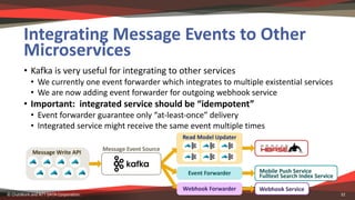 Integrating	Message	Events	to	Other	
Microservices
• Kafka	is	very	useful	for	integrating	to	other	services
• We	currently...