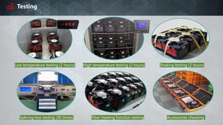 Testing Every machine will pass the these testing.
Low temperature testing (2 hours) High temperature testing (2 hours) Shaking testing (2 hours)
Splicing loss testing (30 times) Fiber heating function testing Accessories checking
 