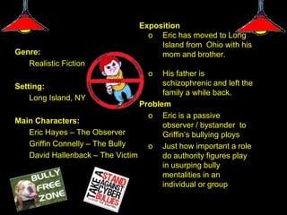 Exposition
                                    o Eric has moved to Long
                                       Island from Ohio with his
Genre:                                 mom and brother.
   Realistic Fiction
                                    o   His father is
Setting:                                schizophrenic and left the
                                        family a while back.
    Long Island, NY
                                  Problem
                                    o Eric is a passive
Main Characters:
                                        observer / bystander to
    Eric Hayes – The Observer           Griffin’s bullying ploys
    Griffin Connelly – The Bully    o Just how important a role
    David Hallenback – The Victim       do authority figures play
                                        in usurping bully
                                        mentalities in an
                                        individual or group
 