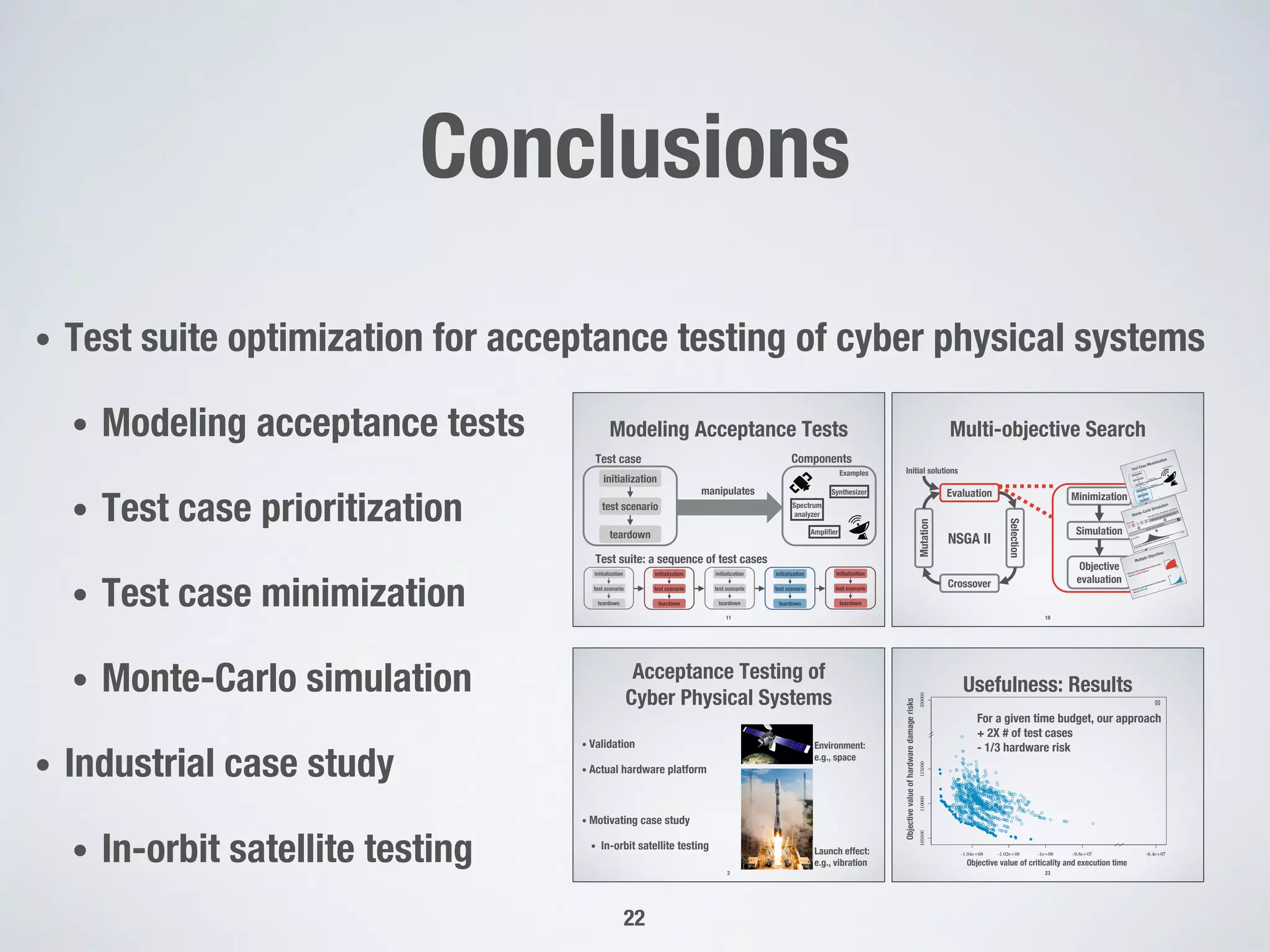 Conclusions
• Test suite optimization for acceptance testing of cyber physical systems
• Modeling acceptance tests
• Test case prioritization
• Test case minimization
• Monte-Carlo simulation
• Industrial case study
• In-orbit satellite testing
22
Usefulness: Results
23
Objective value of criticality and execution time
Objectivevalueofhardwaredamagerisks
-1.04e+08 -1.02e+08 -1e+08 -9.8e+07 -6.4e+07
105000110000115000350000
For a given time budget, our approach
+ 2X # of test cases
- 1/3 hardware risk
Modeling Acceptance Tests
11
initialization
test scenario
teardown
Test case Components
manipulates
Test suite: a sequence of test cases
initialization
test scenario
teardown
initialization
test scenario
teardown
Synthesizer
Examples
Spectrum
analyzer
Amplifier
Acceptance Testing of
Cyber Physical Systems
• Validation
• Actual hardware platform
• Motivating case study
• In-orbit satellite testing
2
Launch effect:
e.g., vibration
Environment:
e.g., space
Minimization
Multi-objective Search
18
NSGA II
Evaluation
Crossover
Selection
Mutation
Initial solutions
Simulation
Objective
evaluation
Test Case Minimization
12
initialization
test scenario
teardown
initialization
test scenario
teardown
Power off
Power on
Power state: on
Multiple Objectives
• Reward early appearance of test cases
that are critical and fast
• Reward early appearance of test cases
that are low risk 18
time
criti
cality
# test
cases
risk
 