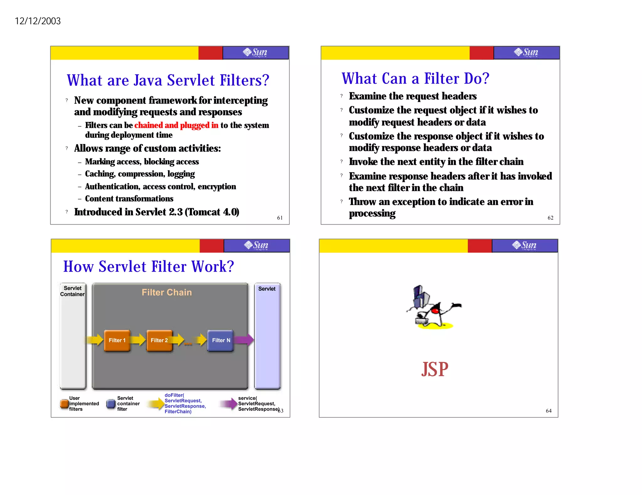 12/12/2003




             What are Java Servlet Filters?                                                               What Can a Filter Do?
             ?    New component framework for intercepting
                                                                                                          ?   Examine the request headers
                  and modifying requests and responses                                                    ?   Customize the request object if it wishes to
                    –   Filters can be chained and plugged in to the system                                   modify request headers or data
                        during deployment time                                                            ?   Customize the response object if it wishes to
             ?    Allows range of custom activities:                                                          modify response headers or data
                    –   Marking access, blocking access                                                   ?   Invoke the next entity in the filter chain
                    –   Caching, compression, logging                                                     ?   Examine response headers after it has invoked
                    –   Authentication, access control, encryption                                            the next filter in the chain
                    –   Content transformations                                                           ?   Throw an exception to indicate an error in
             ?    Introduced in Servlet 2.3 (Tomcat 4.0)                                             61
                                                                                                              processing                                    62




             How Servlet Filter Work?
          Servlet                                                                          Servlet
         Container                            Filter Chain




                               Filter 1         Filter 2                 Filter N




                                                                                                                               JSP
                                                      doFilter(
                 User             Servlet                                           service(
                                                      ServletRequest,
                 implemented      container                                         ServletRequest,
                                                      ServletResponse,
                 filters          filter                                            ServletResponse)63                                                      64
                                                      FilterChain)
 