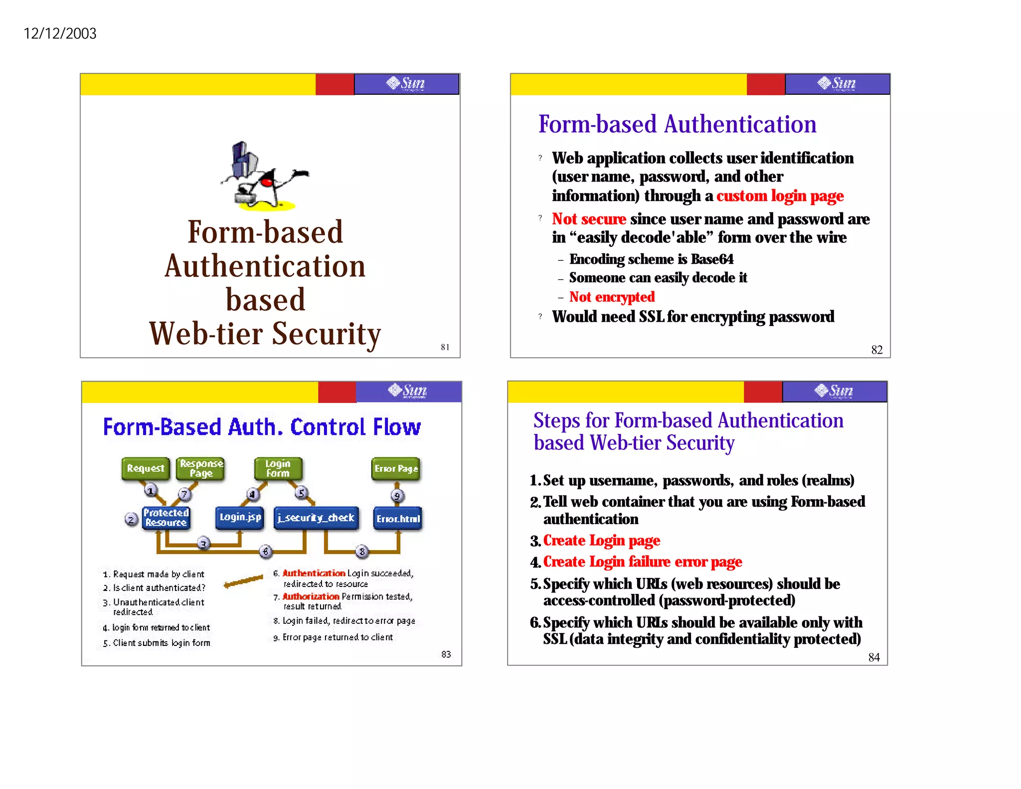 12/12/2003




                                       Form-based Authentication
                                       ?   Web application collects user identification
                                           (user name, password, and other
                                           information) through a custom login page
                                       ?   Not secure since user name and password are
               Form-based                  in “easily decode'able” form over the wire

              Authentication               –
                                           –
                                               Encoding scheme is Base64
                                               Someone can easily decode it
                  based                ?
                                           –   Not encrypted
                                           Would need SSL for encrypting password
             Web-tier Security   81                                                           82




                                      Steps for Form-based Authentication
                                      based Web-tier Security
                                      1.Set up username, passwords, and roles (realms)
                                      2. Tell web container that you are using Form-based
                                         authentication
                                      3. Create Login page
                                      4. Create Login failure error page
                                      5.Specify which URLs (web resources) should be
                                         access-controlled (password-protected)
                                      6.Specify which URLs should be available only with
                                         SSL (data integrity and confidentiality protected)
                                                                                              84
 