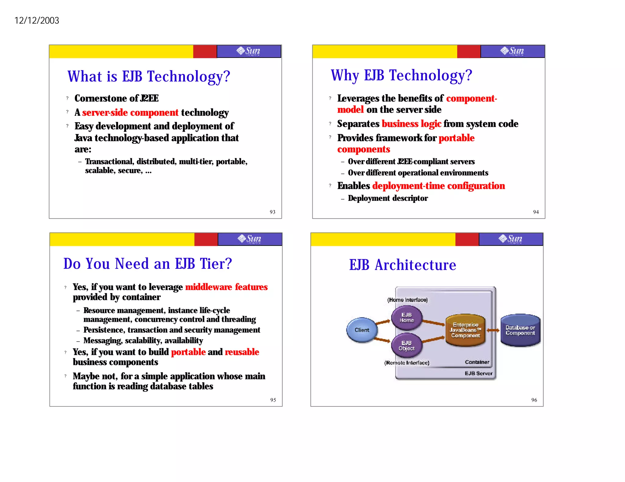 12/12/2003




                 What is EJB Technology?                                       Why EJB Technology?
             ?    Cornerstone of J2EE                                          ?   Leverages the benefits of component-
             ?    A server-side component technology                               model on the server side
             ?    Easy development and deployment of                           ?   Separates business logic from system code
                  Java technology-based application that                       ?   Provides framework for portable
                  are:                                                             components
                  –   Transactional, distributed, multi-tier, portable,            –   Over different J2EE-compliant servers
                      scalable, secure, …                                          –   Over different operational environments
                                                                               ?   Enables deployment-time configuration
                                                                                   –   Deployment descriptor
                                                                          93                                                     94




             Do You Need an EJB Tier?                                                  EJB Architecture
             ?   Yes, if you want to leverage middleware features
                 provided by container
                  –   Resource management, instance life-cycle
                      management, concurrency control and threading
                  –   Persistence, transaction and security management
                  –   Messaging, scalability, availability
             ?   Yes, if you want to build portable and reusable
                 business components
             ?   Maybe not, for a simple application whose main
                 function is reading database tables
                                                                          95                                                     96
 