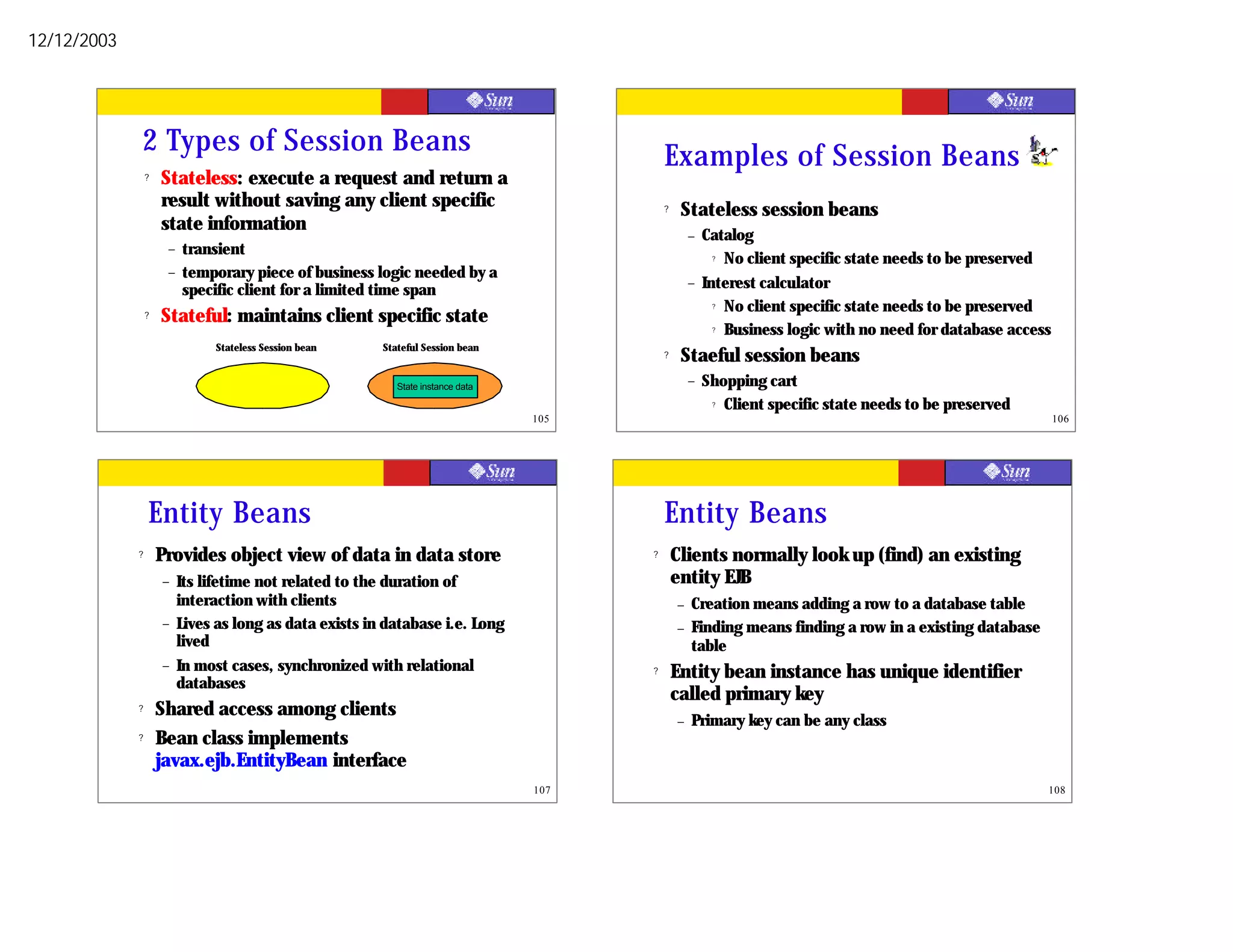 12/12/2003




             2 Types of Session Beans                                                       Examples of Session Beans
                 ?   Stateless: execute a request and return a
                     result without saving any client specific                              ?    Stateless session beans
                     state information
                                                                                                    –   Catalog
                      –   transient                                                                       ? No client specific state needs to be preserved

                      –   temporary piece of business logic needed by a
                                                                                                    –   Interest calculator
                          specific client for a limited time span
                                                                                                          ? No client specific state needs to be preserved
                 ?   Stateful: maintains client specific state
                                                                                                          ? Business logic with no need for database access

                                Stateless Session bean   Stateful Session bean
                                                                                            ?    Staeful session beans
                                                            State instance data                     –   Shopping cart
                                                                                                         ? Client specific state needs to be preserved

                                                                                  105                                                                         106




                 Entity Beans                                                               Entity Beans
             ?       Provides object view of data in data store                         ?       Clients normally look up (find) an existing
                     –    Its lifetime not related to the duration of                           entity EJB
                          interaction with clients                                              –   Creation means adding a row to a database table
                     –    Lives as long as data exists in database i.e. Long                    –   Finding means finding a row in a existing database
                          lived                                                                     table
                     –    In most cases, synchronized with relational                   ?       Entity bean instance has unique identifier
                          databases
                                                                                                called primary key
             ?       Shared access among clients
                                                                                                –   Primary key can be any class
             ?       Bean class implements
                     javax.ejb.EntityBean interface
                                                                                  107                                                                     108
 