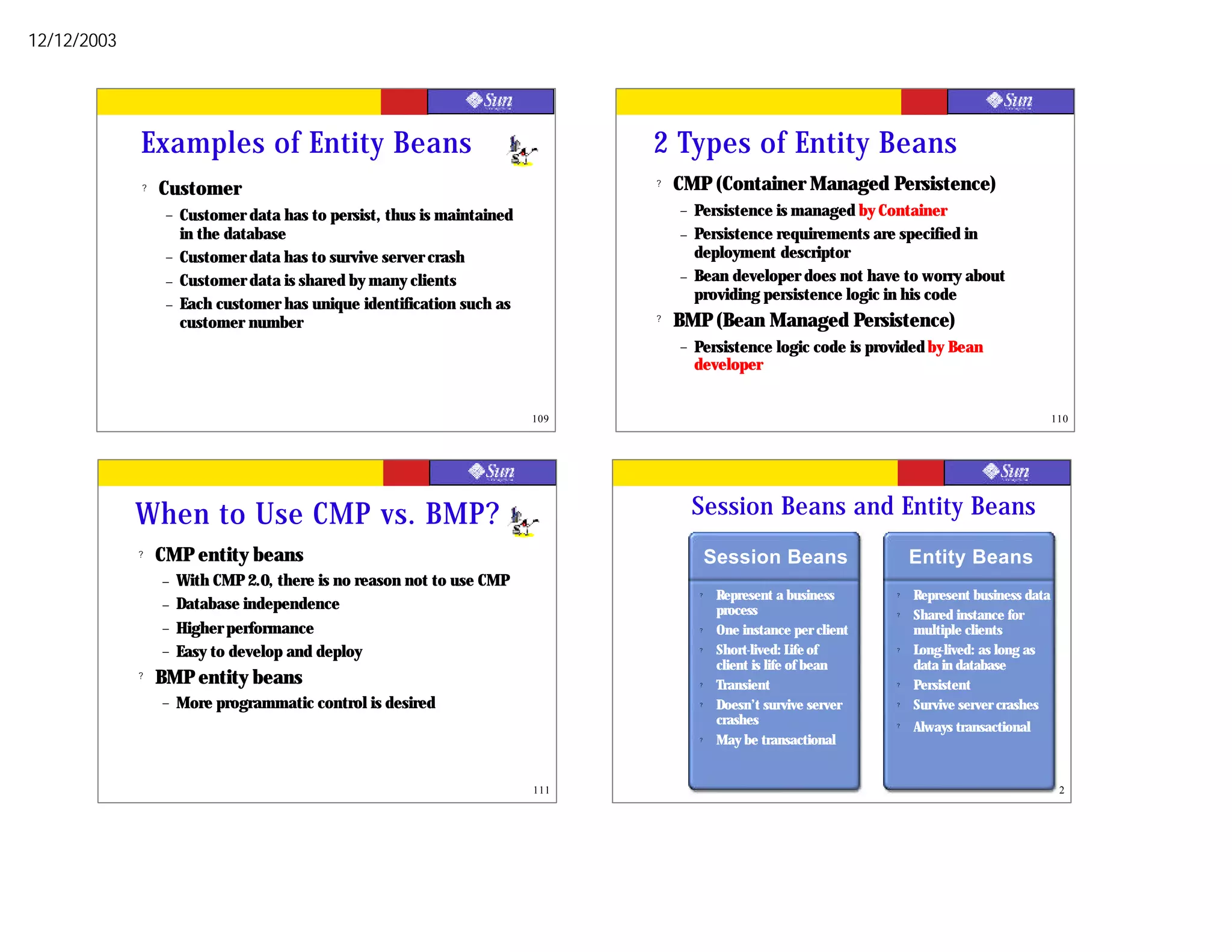 12/12/2003




             Examples of Entity Beans                                          2 Types of Entity Beans
             ?   Customer                                                      ?   CMP (Container Managed Persistence)
                  –   Customer data has to persist, thus is maintained             –   Persistence is managed by Container
                      in the database                                              –   Persistence requirements are specified in
                  –   Customer data has to survive server crash                        deployment descriptor
                  –   Customer data is shared by many clients                      –   Bean developer does not have to worry about
                                                                                       providing persistence logic in his code
                  –   Each customer has unique identification such as
                      customer number                                          ?   BMP (Bean Managed Persistence)
                                                                                   –   Persistence logic code is provided by Bean
                                                                                       developer


                                                                         109                                                                        110




             When to Use CMP vs. BMP?                                                  Session Beans and Entity Beans
             ?   CMP entity beans                                                          Session Beans                  Entity Beans
                 –    With CMP 2.0, there is no reason not to use CMP
                                                                                       ?    Represent a business      ?   Represent business data
                 –    Database independence                                                 process                   ?   Shared instance for
                 –    Higher performance                                               ?    One instance per client       multiple clients
                 –    Easy to develop and deploy                                       ?    Short-lived: Life of      ?   Long-lived: as long as
                                                                                            client is life of bean        data in database
             ?   BMP entity beans                                                      ?    Transient                 ?   Persistent
                 –    More programmatic control is desired                             ?    Doesn’t survive server    ?   Survive server crashes
                                                                                            crashes                   ?
                                                                                                                          Always transactional
                                                                                       ?    May be transactional


                                                                         111                                                                     112
 