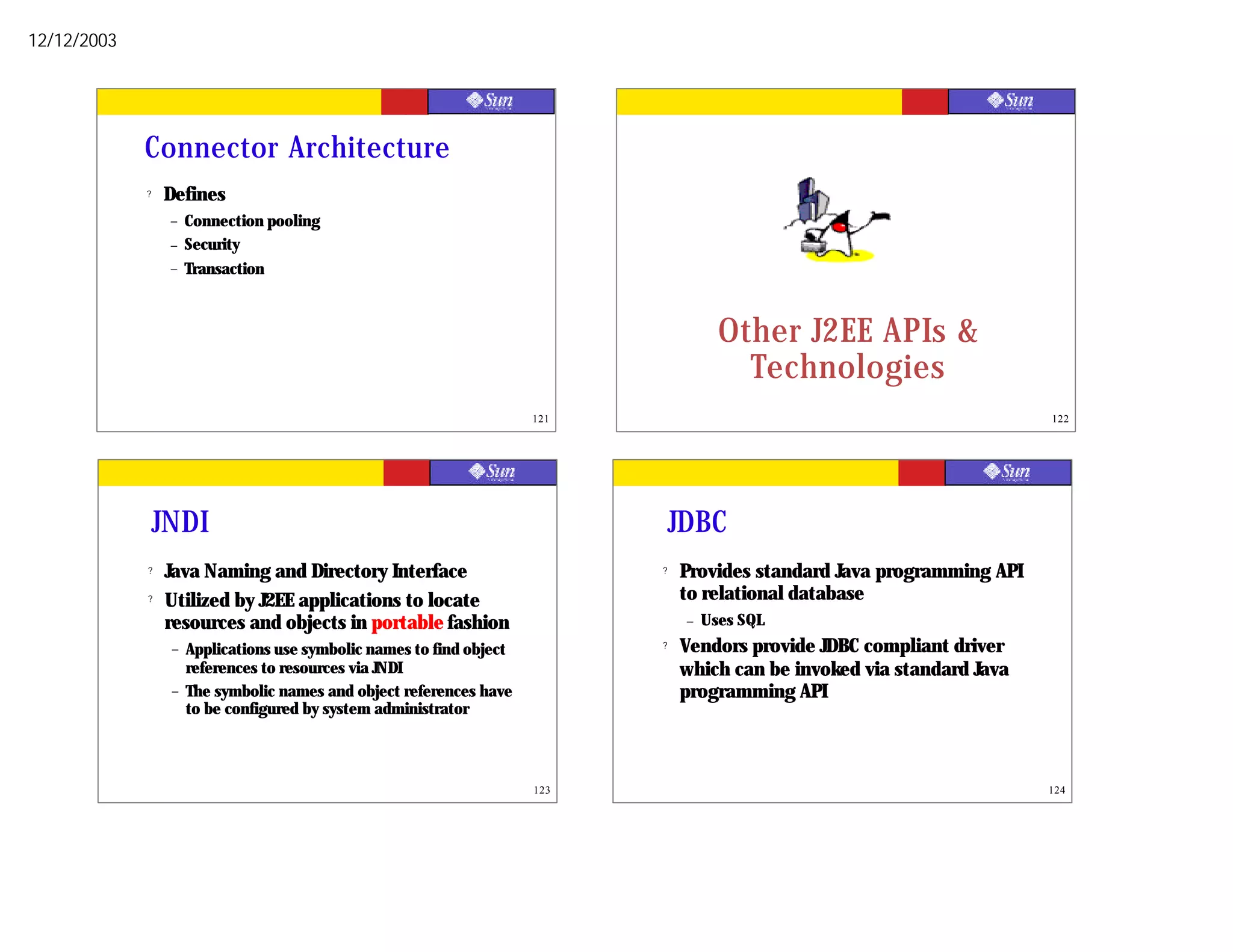 12/12/2003




             Connector Architecture
             ?   Defines
                  –   Connection pooling
                  –   Security
                  –   Transaction



                                                                                        Other J2EE APIs &
                                                                                          Technologies
                                                                       121                                                122




                 JNDI                                                            JDBC
             ?   Java Naming and Directory Interface                         ?   Provides standard Java programming API
             ?   Utilized by J2EE applications to locate                         to relational database
                 resources and objects in portable fashion                        –   Uses SQL
                  –   Applications use symbolic names to find object         ?   Vendors provide JDBC compliant driver
                      references to resources via JNDI                           which can be invoked via standard Java
                  –   The symbolic names and object references have              programming API
                      to be configured by system administrator



                                                                       123                                                124
 