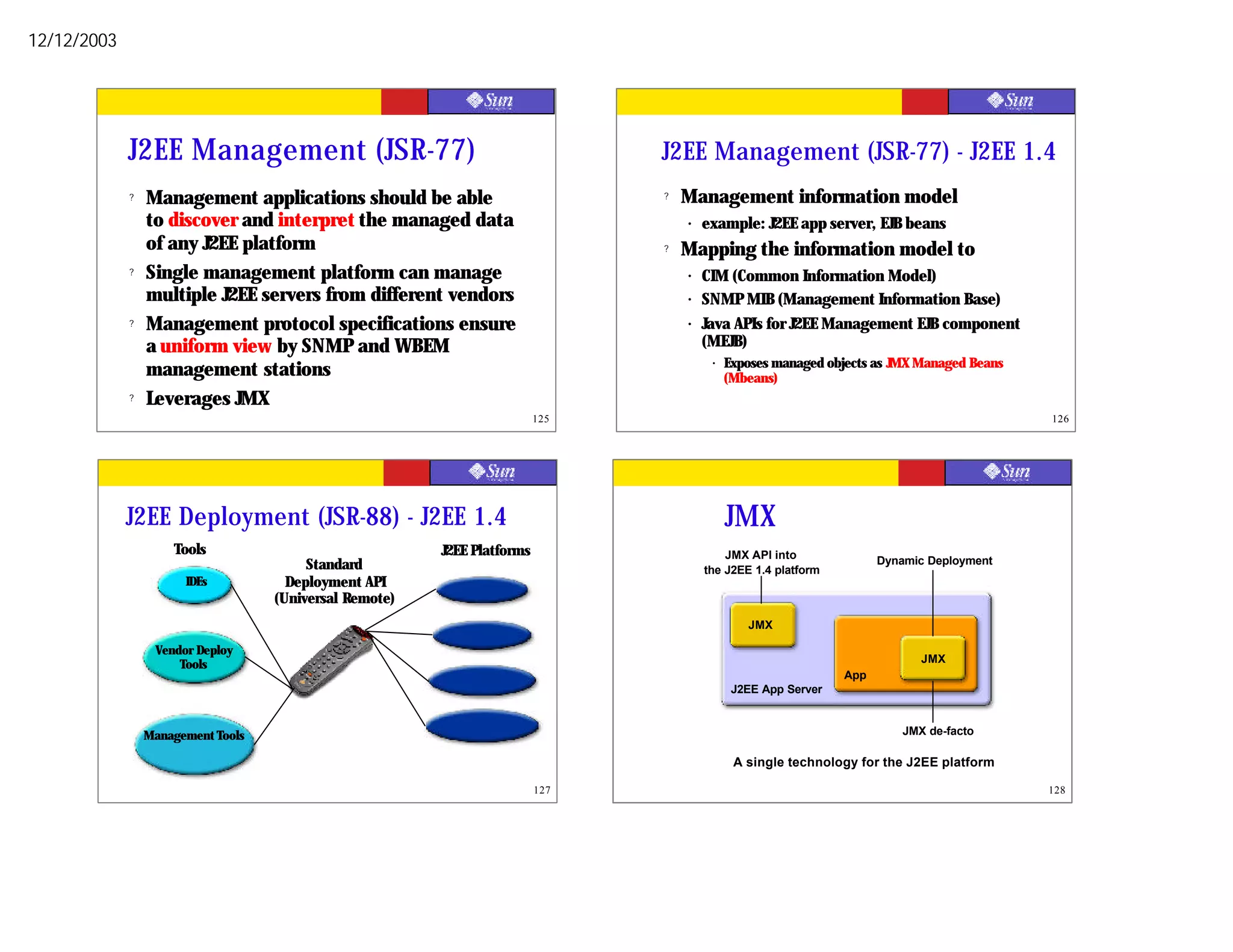 12/12/2003




             J2EE Management (JSR-77)                                           J2EE Management (JSR-77) - J2EE 1.4
             ?   Management applications should be able                         ?   Management information model
                 to discover and interpret the managed data                         •   example: J2EE app server, EJB beans
                 of any J2EE platform                                           ?   Mapping the information model to
             ?   Single management platform can manage                              •   CIM (Common Information Model)
                 multiple J2EE servers from different vendors                       •   SNMP MIB (Management Information Base)
             ?   Management protocol specifications ensure                          •   Java APIs for J2EE Management EJB component
                 a uniform view by SNMP and WBEM                                        (MEJB)
                                                                                         •   Exposes managed objects as JMX Managed Beans
                 management stations                                                         (Mbeans)
             ?   Leverages JMX
                                                                          125                                                               126




             J2EE Deployment (JSR-88) - J2EE 1.4                                             JMX
                     Tools                               J2EE Platforms                     JMX API into
                                         Standard                                       the J2EE 1.4 platform
                                                                                                                      Dynamic Deployment
                       IDEs           Deployment API
                                    (Universal Remote)
                                                                                                JMX

                  Vendor Deploy
                                                                                                                            JMX
                      Tools
                                                                                                                App
                                                                                              J2EE App Server



                 Management Tools                                                                                        JMX de-facto

                                                                                              A single technology for the J2EE platform

                                                                          127                                                               128
 