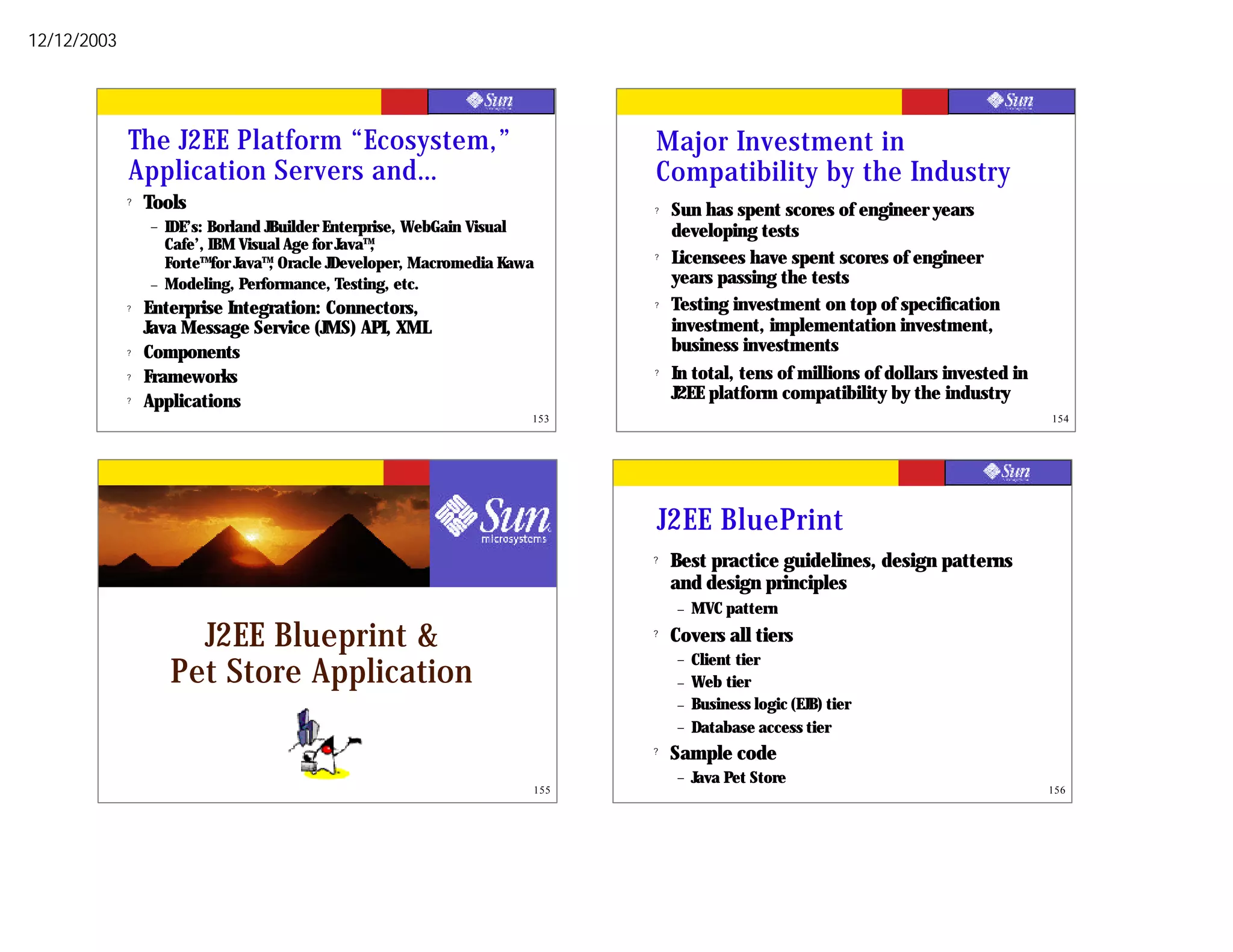 12/12/2003




             The J2EE Platform “Ecosystem,”                                       Major Investment in
             Application Servers and…                                             Compatibility by the Industry
             ?   Tools                                                            ?   Sun has spent scores of engineer years
                 –   IDE’s: Borland JBuilder Enterprise, WebGain Visual               developing tests
                     Cafe’, IBM Visual Age for Java™,
                     Forte™ for Java™, Oracle JDeveloper, Macromedia Kawa         ?   Licensees have spent scores of engineer
                 –   Modeling, Performance, Testing, etc.                             years passing the tests
             ?   Enterprise Integration: Connectors,                              ?   Testing investment on top of specification
                 Java Message Service (JMS) API, XML                                  investment, implementation investment,
             ?   Components                                                           business investments
             ?   Frameworks                                                       ?   In total, tens of millions of dollars invested in
             ?   Applications                                                         J2EE platform compatibility by the industry
                                                                        153                                                               154




                                                                                  J2EE BluePrint
                                                                                  ?   Best practice guidelines, design patterns
                                                                                      and design principles
                                                                                      –   MVC pattern

                       J2EE Blueprint &                                           ?   Covers all tiers
                                                                                      –   Client tier
                     Pet Store Application                                            –   Web tier
                                                                                      –   Business logic (EJB) tier
                                                                                      –   Database access tier
                                                                                  ?   Sample code
                                                                                      –   Java Pet Store
                                                                            155                                                           156
 