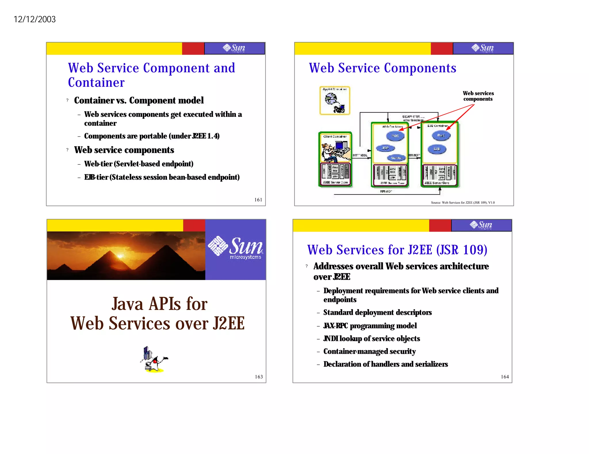 12/12/2003




             Web Service Component and                                            Web Service Components
             Container
                                                                                                                                              Web services
             ?   Container vs. Component model                                                                                                components

                 –   Web services components get executed within a
                     container
                 –   Components are portable (under J2EE 1.4)
             ?   Web service components
                 –   Web-tier (Servlet-based endpoint)
                 –   EJB-tier (Stateless session bean-based endpoint)

                                                                        161                                             Source: Web Services for J2EE (JSR 109), V1.0
                                                                                                                                                                        162




                                                                              Web Services for J2EE (JSR 109)
                                                                              ?   Addresses overall Web services architecture
                                                                                  over J2EE
                                                                                   –   Deployment requirements for Web service clients and

                     Java APIs for                                                 –
                                                                                       endpoints
                                                                                       Standard deployment descriptors
                 Web Services over J2EE                                            –   JAX-RPC programming model
                                                                                   –   JNDI lookup of service objects
                                                                                   –   Container-managed security
                                                                                   –   Declaration of handlers and serializers
                                                                        163                                                                                             164
 