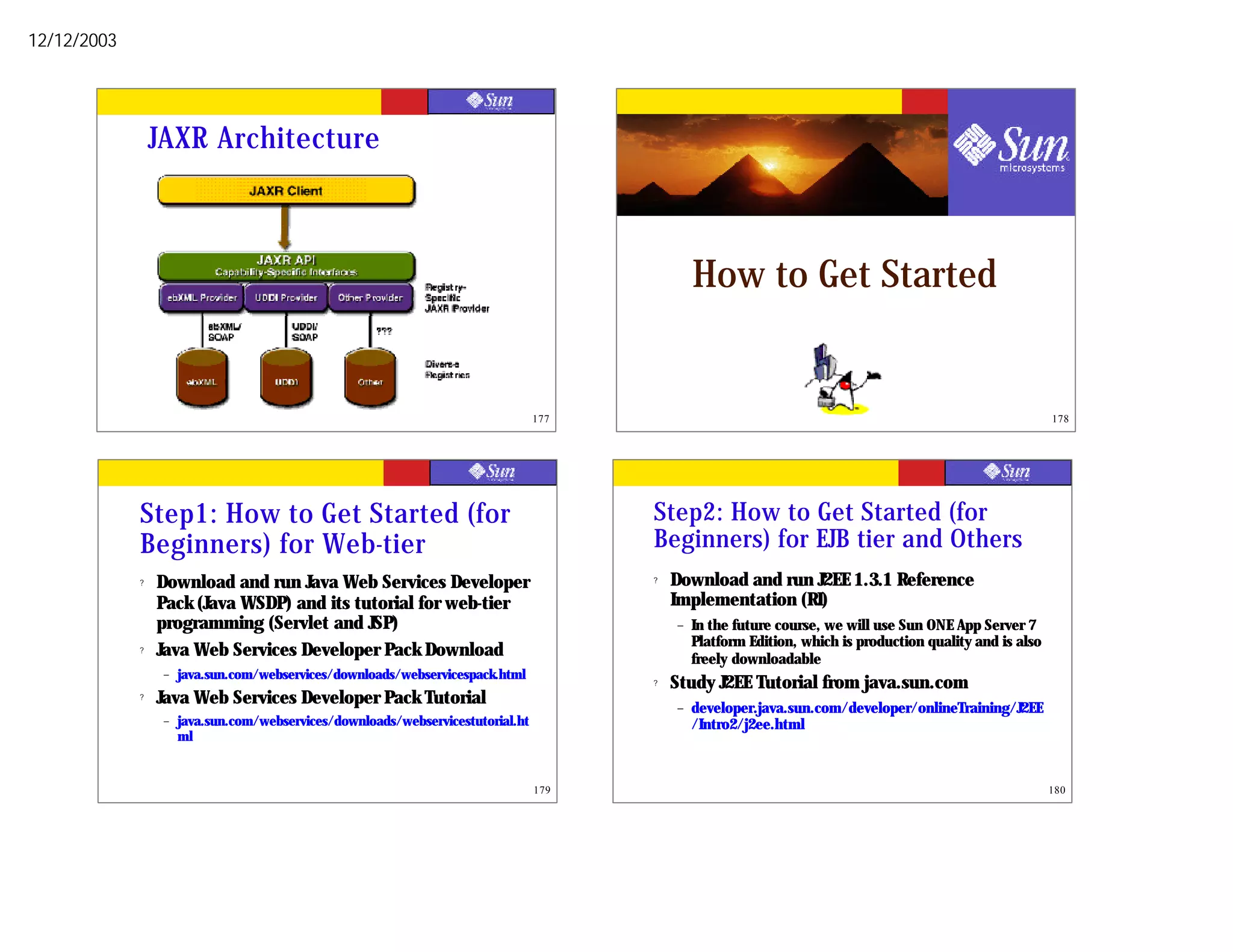 12/12/2003




                 JAXR Architecture



                                                                                                How to Get Started


                                                                                  177                                                                       178




             Step1: How to Get Started (for                                             Step2: How to Get Started (for
             Beginners) for Web-tier                                                    Beginners) for EJB tier and Others
             ?   Download and run Java Web Services Developer                           ?   Download and run J2EE 1.3.1 Reference
                 Pack (Java WSDP) and its tutorial for web-tier                             Implementation (RI)
                 programming (Servlet and JSP)                                              –   In the future course, we will use Sun ONE App Server 7
                                                                                                Platform Edition, which is production quality and is also
             ?   Java Web Services Developer Pack Download                                      freely downloadable
                  –   java.sun.com/webservices/downloads/webservicespack.html           ?   Study J2EE Tutorial from java.sun.com
             ?   Java Web Services Developer Pack Tutorial                                  –   developer.java.sun.com/developer/onlineTraining/J2EE
                  –   java.sun.com/webservices/downloads/webservicestutorial.ht                 /Intro2/j2ee.html
                      ml


                                                                                  179                                                                       180
 
