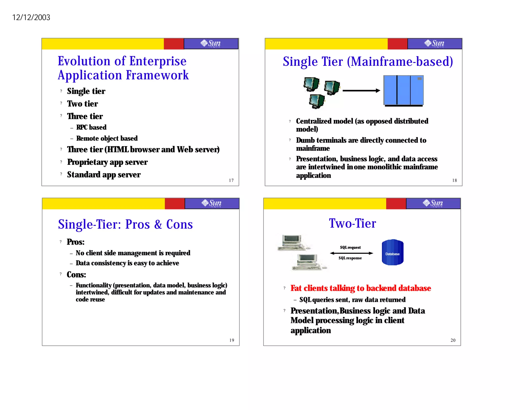 12/12/2003




             Evolution of Enterprise                                                 Single Tier (Mainframe-based)
             Application Framework
             ?   Single tier
             ?   Two tier
             ?   Three tier                                                              ?   Centralized model (as opposed distributed
                 –   RPC based                                                               model)
                 –   Remote object based                                                 ?   Dumb terminals are directly connected to
             ?   Three tier (HTML browser and Web server)                                    mainframe
             ?   Proprietary app server
                                                                                         ?   Presentation, business logic, and data access
                                                                                             are intertwined in one monolithic mainframe
             ?   Standard app server                                                         application
                                                                                17                                                           18




             Single-Tier: Pros & Cons                                                                     Two-Tier
             ?   Pros:                                                                                        SQL request
                 –   No client side management is required                                                                   Database
                                                                                                             SQL response
                 –   Data consistency is easy to achieve
             ?   Cons:
                 –   Functionality (presentation, data model, business logic)
                     intertwined, difficult for updates and maintenance and
                                                                                     ?   Fat clients talking to backend database
                     code reuse                                                              –   SQL queries sent, raw data returned
                                                                                     ?   Presentation,Business logic and Data
                                                                                         Model processing logic in client
                                                                                         application
                                                                                19                                                           20
 