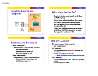 12/12/2003




             Servlets Request and
                                                                                    What does Servlet Do?
             Response         Servlet Container
                                                                                    ?   Receives client request (mostly in the form
                                                                 Request
                                                                                        of HTTP request)
                                                                                    ?   Extract some information from the request
                      Browser                                                       ?   Do content generation or business logic
                                HTTP
                                           Request
                                                                 Servlet                process (possibly by accessing database,
                                           Response                                     invoking EJBs, etc)
                                  Web
                                                                                    ?   Create and send response to client (mostly
                                                      Response
                                  Server                                                in the form of HTTP response) or forward
                                                                                        the request to another servlet
                                                                           45                                                                  46




                                                                                HTTP GET and POST
             Requests and Responses                                             ?   The most common client requests
             ?   What is a request?                                                 –   HTTP GET & HTTP POST
                 –   Information that is sent from client to a server           ?   GET requests:
                       ? Who made the request

                                                                                    –   User entered information is appended to the URL in a
                       ? What user-entered data is sent
                                                                                        query string
                       ? Which HTTP headers are sent
                                                                                    –   Can only send limited amount of data
             ?   What is a response?                                                     ?   .../servlet/ViewCourse?FirstName=Sang&LastName=Shin
                 –   Information that is sent to client from a server           ?   POST requests:
                       ? Text(html, plain) or binary(image) data
                                                                                    –   User entered information is sent as data (not appended
                       ? HTTP headers, cookies, etc                                     to URL)
                                                                           47       –   Can send any amount of data                          48
 