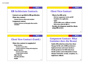 12/12/2003




             EJB Architecture Contracts                                                Client View Contract
             ?   Contracts are specified in EJB specification                          ?    Client of an EJB can be
             ?   Client view contract                                                        –   Web tier components: Servlet and JSP
                 –    Contract between client and container                                  –   Standalone Java application
                                                                                             –   Applet
             ?   Component contract
                                                                                             –   Another EJB in same or different container
                 –    Contract between an Enterprise Bean and its
                      Container                                                              –   Web services client (in EJB 2.1)
                                                                                       ?    Provides development model for clients
                                                                                            using EJB services

                                                                              97                                                               98




             Client View Contract (Contd.)                                         Component Contract: What
                                                                                   Container does (for Beans)
             ?   Client view contract is comprised of                              ?       Enables EJB method invocations from clients
                  –   Home interface                                               ?       Manage the life cycle of EJB bean instances
                       ?   For local or remote clients
                       ?
                           Contains methods for creating and locating beans
                                                                                   ?       Implements home and remote interfaces
                  –   Remote interface                                             ?       Provide persistence for CMP entity beans
                       ?   For local or remote clients                             ?       Provide runtime context information to beans
                       ?   Contains business methods                               ?       Manage transactions, security, exceptions, etc...
                  –   Object identity                                              ?       Implements callbacks
                  –   Metadata interface
                  –   Handle
                                                                              99                                                               100
 