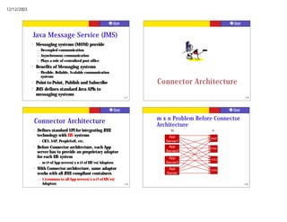 12/12/2003




                 Java Message Service (JMS)
             ?       Messaging systems (MOM) provide
                     –    Decoupled communication
                     –    Asynchronous communication
                     –    Plays a role of centralized post office
             ?       Benefits of Messaging systems
                     –    Flexible, Reliable, Scalable communication
                          systems
             ?       Point-to-Point, Publish and Subscribe                        Connector Architecture
             ?       JMS defines standard Java APIs to
                     messaging systems
                                                                            117                                    118




                                                                                  m x n Problem Before Connector
                 Connector Architecture                                           Architecture
                 ?   Defines standard SPI for integrating J2EE                         m              n
                     technology with EIS systems                                      App            SAP
                      –   CICS, SAP, PeopleSoft, etc.                                Server1
                 ?   Before Connector architecture, each App                          App            EIS2
                     server has to provide an proprietary adaptor                    Server2
                     for each EIS system                                              App            EIS3
                      –   m (# of App servers) x n (# of EIS'es) Adaptors            Server3
                 ?   With Connector architecture, same adaptor                        App            EIS4
                     works with all J2EE compliant containers                        Server
                      –   1 (common to all App servers) x n (# of EIS'es)
                          Adaptors                                          119                                    120
 