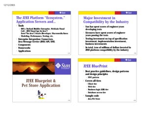 12/12/2003




             The J2EE Platform “Ecosystem,”                                       Major Investment in
             Application Servers and…                                             Compatibility by the Industry
             ?   Tools                                                            ?   Sun has spent scores of engineer years
                 –   IDE’s: Borland JBuilder Enterprise, WebGain Visual               developing tests
                     Cafe’, IBM Visual Age for Java™,
                     Forte™ for Java™, Oracle JDeveloper, Macromedia Kawa         ?   Licensees have spent scores of engineer
                 –   Modeling, Performance, Testing, etc.                             years passing the tests
             ?   Enterprise Integration: Connectors,                              ?   Testing investment on top of specification
                 Java Message Service (JMS) API, XML                                  investment, implementation investment,
             ?   Components                                                           business investments
             ?   Frameworks                                                       ?   In total, tens of millions of dollars invested in
             ?   Applications                                                         J2EE platform compatibility by the industry
                                                                        153                                                               154




                                                                                  J2EE BluePrint
                                                                                  ?   Best practice guidelines, design patterns
                                                                                      and design principles
                                                                                      –   MVC pattern

                       J2EE Blueprint &                                           ?   Covers all tiers
                                                                                      –   Client tier
                     Pet Store Application                                            –   Web tier
                                                                                      –   Business logic (EJB) tier
                                                                                      –   Database access tier
                                                                                  ?   Sample code
                                                                                      –   Java Pet Store
                                                                            155                                                           156
 