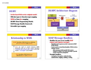 12/12/2003




             JAX-RPC                                                            JAX-RPC Architecture Diagram
             ?   Servlet-based Web service endpoint model                           JAX-RPC                                                    JAX-RPC
                                                                                      Client                   WSDL Document               Service Endpoint
             ?   XML data types to/from Java types mapping                                             JavaïWSDL               WSDLóJava
                                                                                Generated Code
             ?   WSDL to/from Java mapping
                                                                                Container                                                           Container
             ?   JAX-RPC Client Programming Models
             ?   SOAP Message Handler framework                                          Client-side JAX-RPC
                                                                                          Runtime System
                                                                                                                                   Server-side JAX-RPC
                                                                                                                                    Runtime System

             ?   Extensible type mapping
                                                                                                                    SOAP

                                                                                                                     HTTP
                                                                          165                                                                                   166




                 Relationship to WSDL                                           SOAP Message Handlers
                                                                                ?   Handlers let you access/modify SOAP
                     JAX-RPC describes a Web Service as a collection                request and response messages
                           of remote interfaces and methods                         –   Typically used to process service contexts in SOAP
                                                                                        header blocks
                         Tools are used to convert between WSDL                     –   Can be used to extend functionality of Web services
                         documents and sets of Java remote interfaces                   runtime system
                         (“Generate Web Services Files” menu in Sun ONE
                         Studio 5, “wscompile” in Java WSDP)
                                                                                         ?   J2EE containers (which provide Web services
                                                                                             runtime) are likely to use them internally to provide
                                                                                             session/transaction propagation
                          WSDL describes a Web Service as a                     ?   Example handlers:
                          collection of ports and operations                        –   encryption, decryption, authentication,
                                                                          167
                                                                                        authorization, logging, auditing, caching                               168
 