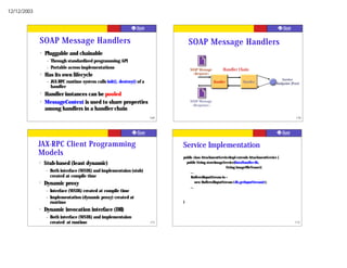 12/12/2003




             SOAP Message Handlers                                                    SOAP Message Handlers
             ?   Pluggable and chainable
                  –   Through standardized programming API
                  –   Portable across implementations                                 SOAP Message         Handler Chain
             ?   Has its own lifecycle                                                  <Request>
                                                                                                                                                 Service
                  –   JAX-RPC runtime system calls init(), destroy() of a                            Handler            Handler               Endpoint (Port)
                      handler
             ?   Handler instances can be pooled
             ?   MessageContext is used to share properties                           SOAP Message
                                                                                       <Response>
                 among handlers in a handler chain
                                                                            169                                                                           170




             JAX-RPC Client Programming                                           Service Implementation
             Models                                                               public class AttachmentServiceImpl extends AttachmentService {
             ?   Stub-based (least dynamic)                                         public String storeImageService(DataHandler dh,
                                                                                                               String imageFileName){
                 –    Both interface (WSDL) and implementaion (stub)                   ...
                      created at compile time                                          BufferedInputStream in =
             ?   Dynamic proxy                                                             new BufferedInputStream (dh.getInputStream());
                                                                                       ...
                 –    Interface (WSDL) created at compile time
                 –    Implementation (dynamic proxy) created at
                      runtime                                                     }

             ?   Dynamic invocation interface (DII)
                 –    Both interface (WSDL) and implementaion
                      created at runtime                                    171                                                                           172
 