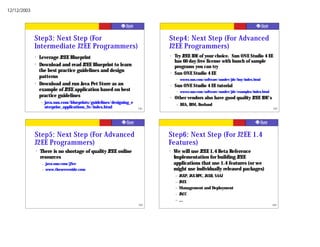12/12/2003




             Step3: Next Step (For                                           Step4: Next Step (For Advanced
             Intermediate J2EE Programmers)                                  J2EE Programmers)
             ?   Leverage J2EE Blueprint                                     ?   Try J2EE IDE of your choice. Sun ONE Studio 4 EE
                                                                                 has 60 day free license with bunch of sample
             ?   Download and read J2EE Blueprint to learn                       programs you can try
                 the best practice guidelines and design                     ?   Sun ONE Studio 4 EE
                 patterns                                                         –   wwws.sun.com/software/sundev/jde/buy/index.html
             ?   Download and run Java Pet Store as an                       ?   Sun ONE Studio 4 EE tutorial
                 example of J2EE application based on best                        –   wwws.sun.com/software/sundev/jde/examples/index.html
                 practice guidelines                                         ?   Other vendors also have good quality J2EE IDE's
                 –    java.sun.com/blueprints/guidelines/designing_e              –   BEA, IBM, Borland
                      nterprise_applications_2e/index.html             181                                                                   182




             Step5: Next Step (For Advanced                                  Step6: Next Step (For J2EE 1.4
             J2EE Programmers)                                               Features)
             ?   There is no shortage of quality J2EE online                 ?   We will use J2EE 1.4 Beta Reference
                 resources                                                       Implementation for building J2EE
                  –   java.sun.com/j2ee                                          applications that use 1.4 features (or we
                  –   www.theserverside.com                                      might use individually released packages)
                                                                                 –    JAXP, JAX-RPC, JAXR, SAAJ
                                                                                 –    JMX
                                                                                 –    Management and Deployment
                                                                                 –    JACC
                                                                                 –    ...
                                                                       183                                                                   184
 