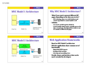 12/12/2003




             MVC Model 1 Architecture                                       Why MVC Model 2 Architecture?
                                                                            ?   What if you want to present different JSP
                                                                                pages depending on the data you receive?
                                                                                 –   JSP technology alone even with JavaBeans and
              Browser                          JavaBeans                             custom tags (Model 1) cannot handle it well
                                                (Model)
                                  JSP
                           (Controller+View)
                                                                            ?   Solution
                                                                                 –   Use Servlet and JSP together (Model 2)
                                                                                 –   Servlet handles initial request, partially process the
                                                    Enterprise servers/              data, set up beans, then forward the results to one
             Client Tier      Middle Tier           Data sources                     of a number of different JSP pages

                                                                      189                                                                     190




             MVC Model 2 Architecture                                       Web Application Frameworks
                                                                            ?   Based on MVC Model 2 architecture
                                Servlet                                     ?   Web-tier applications share common set of
                              (Controller)
                                                                                functionality
              Browser      Selection of view    Access to                       –    Dispatching HTTP requests
                                                 Model
                                  JSP                                           –    Invoking model methods
                                 (View)                                         –    Selecting and assembling views

             Client Tier                            Enterprise servers/
                                                                            ?   Provide classes and interfaces that can be
                            Middle Tier
                                                    Data sources                used/extended by developers

                                                                      191                                                                     192
 