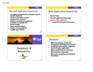 12/12/2003




             Why Web Application Framework?                                   Web Application Frameworks
             ?   De-coupling of presentation tier and business logic into
                 separate components                                          ?       Apache Struts
             ?   Provides a central point of control                          ?       Sun ONE Application Framework
             ?   Provides rich set of features                                ?       JavaServer Faces (JSR-127)
             ?   Facilitates unit-testing and maintenance
                                                                                      –   Standard-based Web application framework
             ?   Availability of compatible tools
             ?   Provides stability
             ?   Enjoys community-supports
             ?   Simplifies internationalization
             ?   Simplifies input validation
                                                                        193                                                          194




                                                                              Summary
                                                                                  ?   J2EE is the platform of choice for
                                                                                      development and deployment of n-tier,
                                                                                      web-based, transactional, component-
                             Summary &                                            ?
                                                                                      based enterprise applications
                                                                                      J2EE is standard-based architecture
                             Resources                                            ?   J2EE is all about community
                                                                                  ?   J2EE evolves according to the needs of
                                                                                      the industry

                                                                        195                                                          196
 