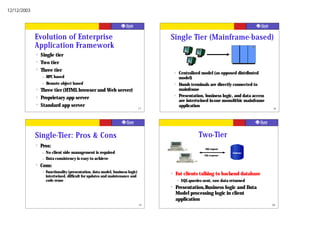 12/12/2003




             Evolution of Enterprise                                                 Single Tier (Mainframe-based)
             Application Framework
             ?   Single tier
             ?   Two tier
             ?   Three tier                                                              ?   Centralized model (as opposed distributed
                 –   RPC based                                                               model)
                 –   Remote object based                                                 ?   Dumb terminals are directly connected to
             ?   Three tier (HTML browser and Web server)                                    mainframe
             ?   Proprietary app server
                                                                                         ?   Presentation, business logic, and data access
                                                                                             are intertwined in one monolithic mainframe
             ?   Standard app server                                                         application
                                                                                17                                                           18




             Single-Tier: Pros & Cons                                                                     Two-Tier
             ?   Pros:                                                                                        SQL request
                 –   No client side management is required                                                                   Database
                                                                                                             SQL response
                 –   Data consistency is easy to achieve
             ?   Cons:
                 –   Functionality (presentation, data model, business logic)
                     intertwined, difficult for updates and maintenance and
                                                                                     ?   Fat clients talking to backend database
                     code reuse                                                              –   SQL queries sent, raw data returned
                                                                                     ?   Presentation,Business logic and Data
                                                                                         Model processing logic in client
                                                                                         application
                                                                                19                                                           20
 