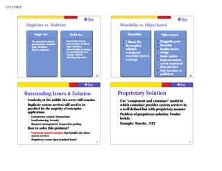 12/12/2003




                 Single-tier vs. Multi-tier                                             Monolithic vs. Object-based

                        Single tier                    Multi-tier                             Monolithic              Object-based

                  l   No separation among       l   Separation among                     l   1 Binary file        l   Pluggable parts
                      presentation, business        presentation, business
                      logic, database               logic, database                      l   Recompiled,          l   Reusable
                  l   Hard to maintain          l   More flexible to change,                 relinked,            l   Enables better
                                                    i.e. presentation can                    redeployed               design
                                                    change without
                                                    affecting other tiers                    everytime there is   l   Easier update
                                                                                             a change             l   Implementation
                                                                                                                      can be separated
                                                                                                                      from interface
                                                                                                                  l   Only interface is
                                                                                                                      published
                                                                               29                                                         30




             Outstanding Issues & Solution                                          Proprietary Solution
             ?   Comlexity at the middle tier server still remains                  ?   Use "component and container" model in
             ?   Duplicate system services still need to be                             which container provides system services in
                 provided for the majority of enterprise                                a well-defined but with proprietary manner
                 applications                                                       ?   Problem of proprietary solution: Vendor
                  –   Concurrency control, Transactions
                  –   Load-balancing, Security
                                                                                        lock-in
                  –   Resource management, Connection pooling                       ?   Example: Tuxedo, .NET
             ?   How to solve this problem?
                  –   Commonly shared container that handles the above
                      system services
                  –   Proprietary versus Open-standard based
                                                                               31                                                         32
 