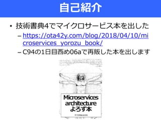 • 技術書典4でマイクロサービス本を出した
– https://ota42y.com/blog/2018/04/10/mi
croservices_yorozu_book/
– C94の1日目西め06aで再販した本を出します
自己紹介
 