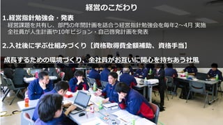 (C)Copyright Shinkoprotec All Rights Reserved.
1.経営指針勉強会・発表
経営課題を共有し、部⾨の年間計画を話合う経営指針勉強会を毎年2〜4⽉ 実施
全社員が⼈⽣計画や10年ビジョン・⾃⼰啓発計画を発表
2.⼊社後に学ぶ仕組みづくり【資格取得費全額補助、資格⼿当】
成⻑するための環境づくり、全社員がお互いに関⼼を持ちあう社⾵
経営のこだわり
 