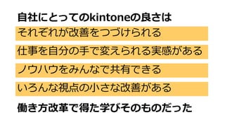 ⾃社にとってのkintoneの良さは
それぞれが改善をつづけられる
仕事を⾃分の⼿で変えられる実感がある
ノウハウをみんなで共有できる
働き⽅改⾰で得た学びそのものだった
いろんな視点の⼩さな改善がある
 
