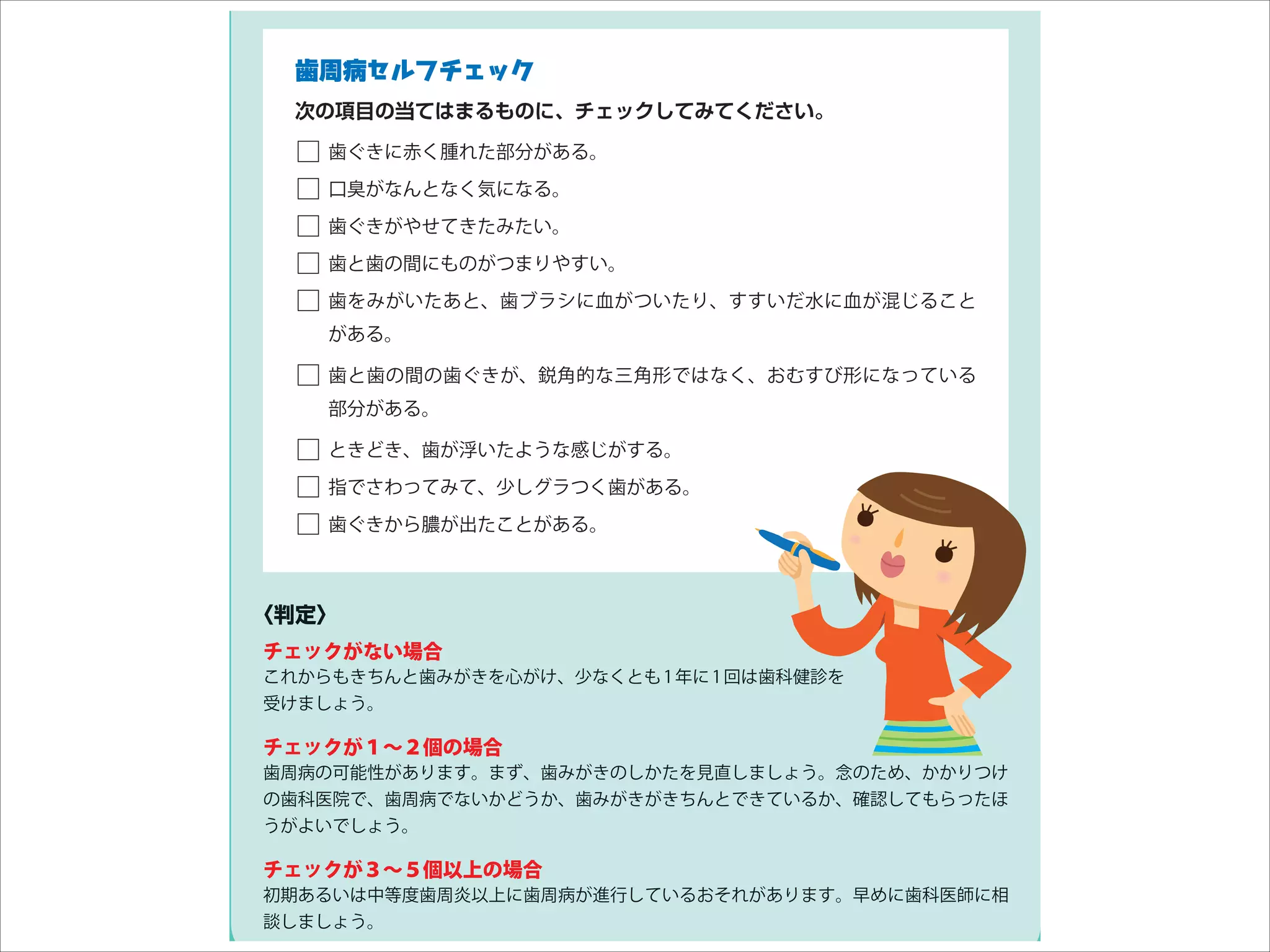 ります。次のようなチェックで早めに対処しまし う。
ょ

歯
歯周病セルフチェック
次

項目

当

□歯
□ 口臭
□歯
□歯 歯
□歯

、

赤

腫

部分
気

 

。

き

合

。
。

ブラ

。

歯ブ

間

。
、歯

血

、

水

血

混

。

□歯

歯

間

部分

歯

、鋭角的

三角形

、

形

。

□
□指
□歯

、歯

浮

感

。

、少
膿

歯

出

歯

。
■

。

〈判定〉

かか

場合
歯

受

心

、少

1年

1回

歯科健診

 どん

。

歯周病

がある

１∼２個

可能性

歯科医院

場合
。

、歯

、歯周病

見直
、歯

。念

師にチ

、

医を決

、確認

とした

。

初期
談

３∼５個以上

 最近

場合

中等度歯周炎以上

。

歯周病

進行

。早

歯科医師

相

ス ク
・

ている

周ポケ

 