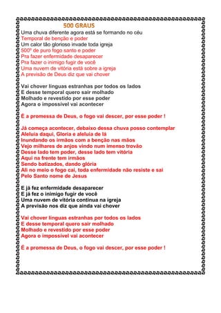Uma chuva diferente agora está se formando no céu
Temporal de benção e poder
Um calor tão glorioso invade toda igreja
500º de puro fogo santo e poder
Pra fazer enfermidade desaparecer
Pra fazer o inimigo fugir de você
Uma nuvem de vitória está sobre a igreja
A previsão de Deus diz que vai chover
Vai chover línguas estranhas por todos os lados
E desse temporal quero sair molhado
Molhado e revestido por esse poder
Agora o impossível vai acontecer
É a promessa de Deus, o fogo vai descer, por esse poder !
Já começa acontecer, debaixo dessa chuva posso contemplar
Aleluia daqui, Gloria e aleluia de lá
Inundando os irmãos com a benção nas mãos
Vejo milhares de anjos vindo num imenso trovão
Desse lado tem poder, desse lado tem vitória
Aqui na frente tem irmãos
Sendo batizados, dando glória
Ali no meio o fogo cai, toda enfermidade não resiste e sai
Pelo Santo nome de Jesus
E já fez enfermidade desaparecer
E já fez o inimigo fugir de você
Uma nuvem de vitória continua na igreja
A previsão nos diz que ainda vai chover
Vai chover línguas estranhas por todos os lados
E desse temporal quero sair molhado
Molhado e revestido por esse poder
Agora o impossível vai acontecer
É a promessa de Deus, o fogo vai descer, por esse poder !
 
