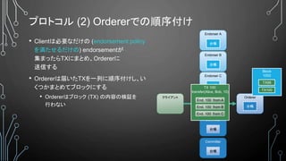 プロトコル (2) Ordererでの順序付け
• Clientは必要なだけの (endorsement policy
を満たせるだけの) endorsementが
集まったらTXにまとめ、Ordererに
送信する
• Ordererは届いたTXを一列に順序付けし、い
くつかまとめてブロックにする
• Ordererはブロック (TX) の内容の検証を
行わない
Endorser A
台帳
クライアント Orderer
台帳
Committer
台帳
Endorser B
台帳
Endorser C
台帳
Committer
台帳
TX 100:
transfer(Alice, Bob, 10)
End. 100 from A
End. 100 from B
End. 100 from C
Block
1000
TX100
TX98
 