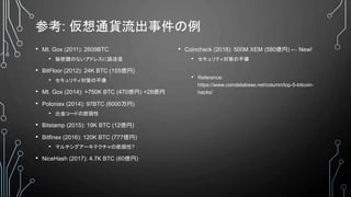 参考: 仮想通貨流出事件の例
• Mt. Gox (2011): 2609BTC
• 秘密鍵のないアドレスに誤送信
• BitFloor (2012): 24K BTC (155億円)
• セキュリティ対策の不備
• Mt. Gox (2014): +750K BTC (470億円) +28億円
• Poloniex (2014): 97BTC (6000万円)
• 出金コードの脆弱性
• Bitstamp (2015): 19K BTC (12億円)
• Bitfinex (2016): 120K BTC (777億円)
• マルチシグアーキテクチャの脆弱性?
• NiceHash (2017): 4.7K BTC (60億円)
• Coincheck (2018): 500M XEM (580億円) ← New!
• セキュリティ対策の不備
• Reference:
https://www.coindatabase.net/column/top-5-bitcoin-
hacks/
 