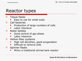 Reactor types Tissue flasks Easy to use for small scale Cell factories Production of large numbers of cells Labor intensive Roller bottles Good control of gas phase Labor intensive Hollow fiber systems High cell densities, good oxygenation Difficult to remove cells Spinner flasks Mimic a traditional stirred tank reactor 