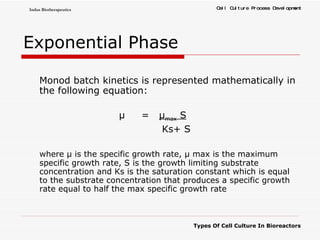 Exponential Phase Monod batch kinetics is represented mathematically in the following equation: μ  =  μ max  S     Ks+ S  where μ is the specific growth rate, μ max is the maximum specific growth rate, S is the growth limiting substrate concentration and Ks is the saturation constant which is equal to the substrate concentration that produces a specific growth rate equal to half the max specific growth rate 