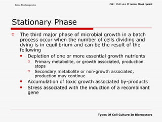 Stationary Phase  The third major phase of microbial growth in a batch process occur when the number of cells dividing and dying is in equilibrium and can be the result of the following  Depletion of one or more essential growth nutrients Primary metabolite, or growth associated, production stops  Secondary metabolite or non-growth associated, production may continue  Accumulation of toxic growth associated by-products Stress associated with the induction of a recombinant gene  