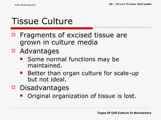Tissue Culture Fragments of excised tissue are grown in culture media Advantages  Some normal functions may be maintained.  Better than organ culture for scale-up but not ideal. Disadvantages Original organization of tissue is lost. 