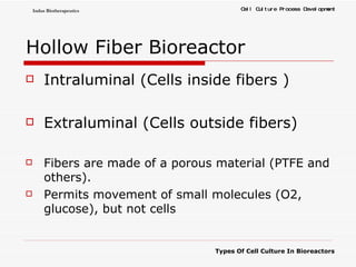 Hollow Fiber Bioreactor Intraluminal (Cells inside fibers ) Extraluminal (Cells outside fibers) Fibers are made of a porous material (PTFE and others). Permits movement of small molecules (O2, glucose), but not cells 