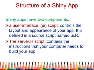 Structure of a Shiny App
Shiny apps have two components:
a user-interface (ui) script: controls the
layout and appearance of your app. It is
defined in a source script named ui.R.
The server.R script :contains the
instructions that your computer needs to
build your app.
 