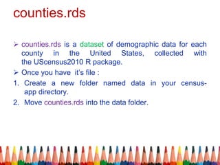 counties.rds
 counties.rds is a dataset of demographic data for each
county in the United States, collected with
the UScensus2010 R package.
 Once you have it’s file :
1. Create a new folder named data in your census-
app directory.
2. Move counties.rds into the data folder.
 