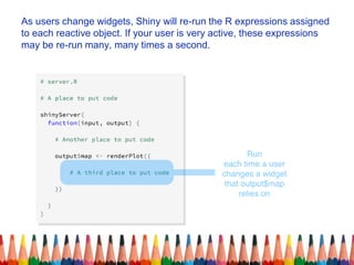 As users change widgets, Shiny will re-run the R expressions assigned
to each reactive object. If your user is very active, these expressions
may be re-run many, many times a second.
 